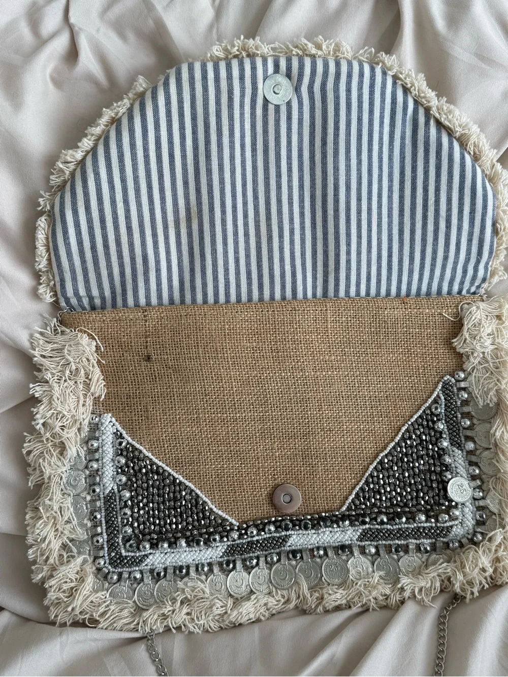 Lulu's Beige Beaded Fringe Clutch